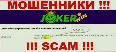 Предложенная лицензия на информационном портале Джокер Вин, не мешает им красть денежные активы наивных людей - это МОШЕННИКИ !!!