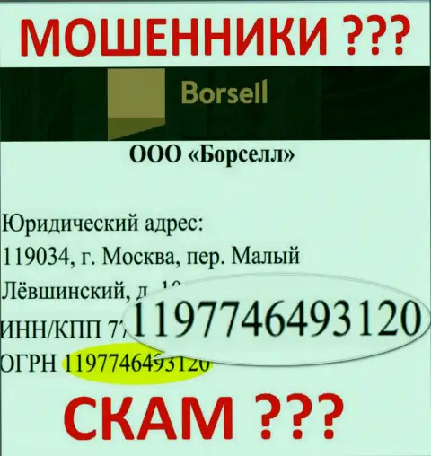 Номер регистрации жульнической организации Borsell Ru - 1197746493120