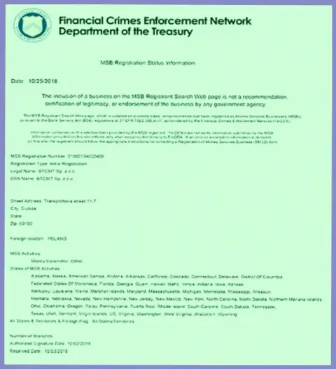 Лицензионный документ обменного пункта BTCBIT Net